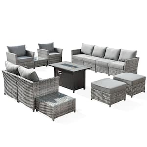 Eufaula Gray 13-Piece Wicker Modern Outdoor Patio Fire Pit Conversation Sofa Seating Set with Dark Gray Cushions