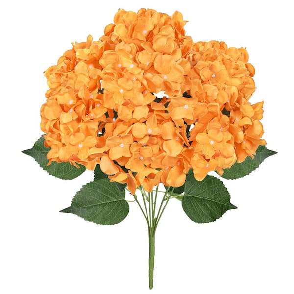 LIVING LUXURY 20 in. Deluxe Orange Artificial Hydrangea Flower Stem Bush Bouquet (Set of 2)