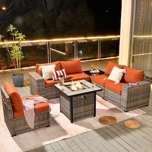 Tahoe Grey 7-Piece Wicker Wide Arm Outdoor Patio Conversation Sofa Set with a Fire Pit and Orange Red Cushions