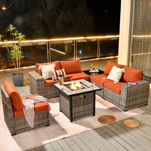 HOOOWOOO Tahoe Grey 7-Piece Wicker Wide Arm Outdoor Patio Conversation Sofa Set with a Fire Pit and Orange Red Cushions