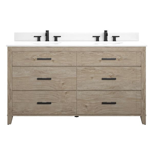Glacier Bay Farmdale 60 in. W x 20 in. D x 37.9 in. H Bath Vanity in Natural Oak with Stone Top
