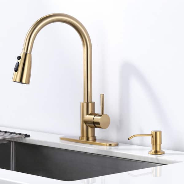 Stainless Steel Single Handle Pull Down Sprayer Kitchen Faucet with 3-Mode Advanced Spray, Soap Dispenser in Gold