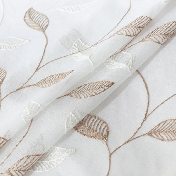 Lyndale Decor Beige Leaf Embroidered Grommet Sheer Curtain - 54 in. W x 84  in. L Clarita-84-BG - The Home Depot