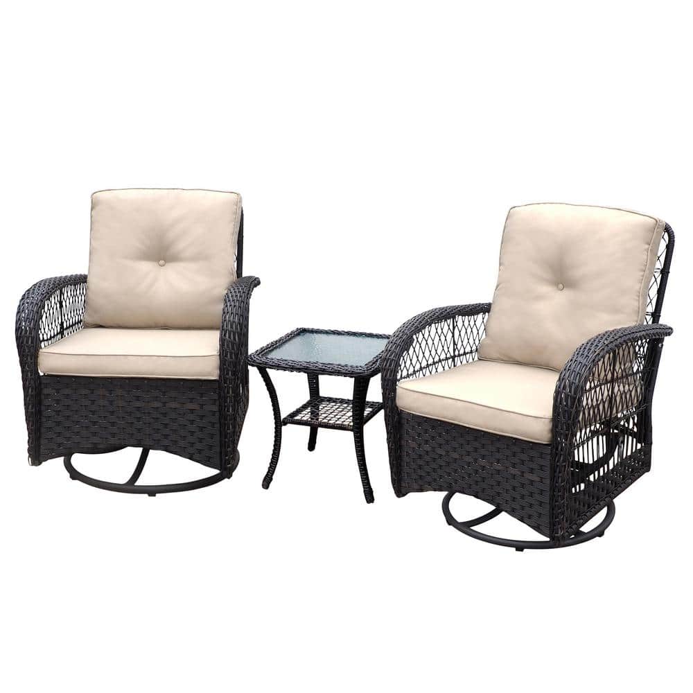 3-Pieces Brown Wicker Rocker Swivel Patio Conversation Set with Beige Cushi
