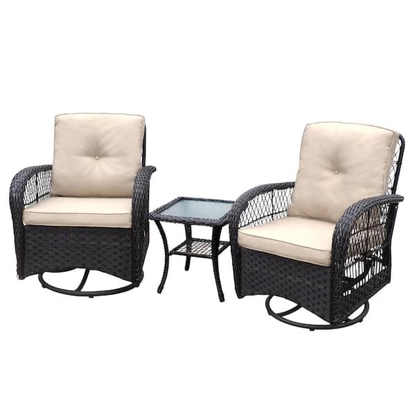 Unbranded 3-Pieces Brown Wicker Rocker Swivel Patio Conversation Set with Beige Cushions with Glass Top Side Table