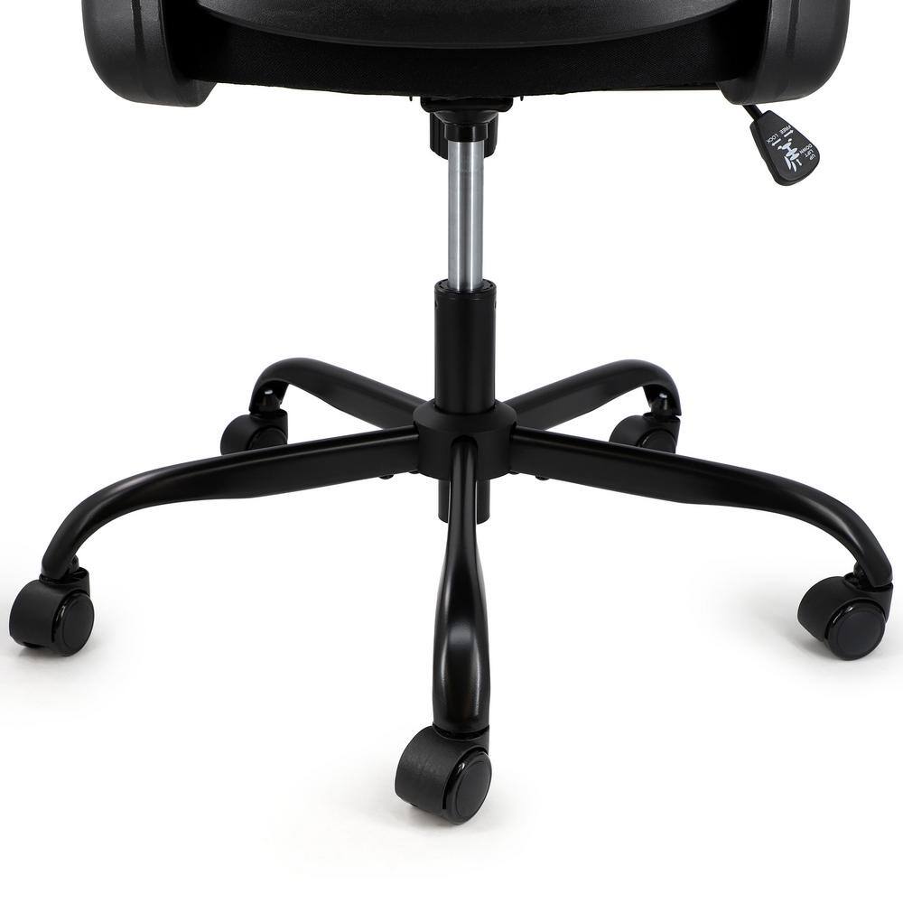 Close-up of the base and height adjustment lever of a black office chair.