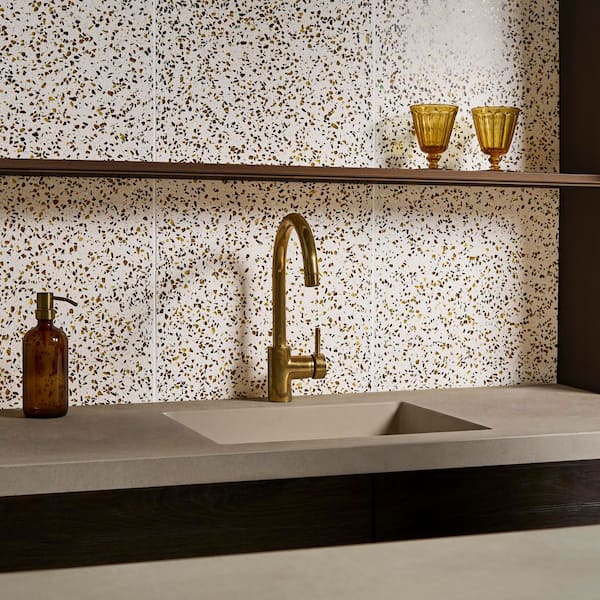 Raleigh Glass Creme Gold 16.14 in. x 16.14 in. Polished Terrazzo Floor and Wall Tile (3.61 sq. ft. / Case)
