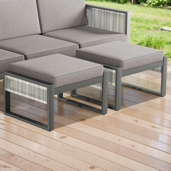 Opohoro SquareChic Metal and Light Beige Wicker Outdoor Ottoman with Olefin Dark Gray Cushion (2-Pack)
