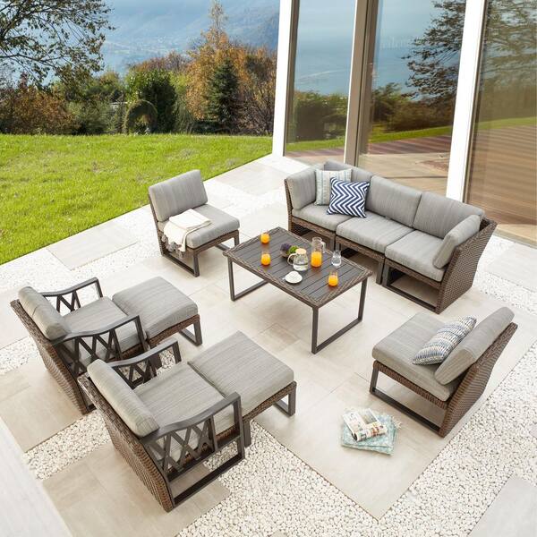 Patio Festival 10-Piece Wicker Collection Patio Conversation Set with Gray Cushions