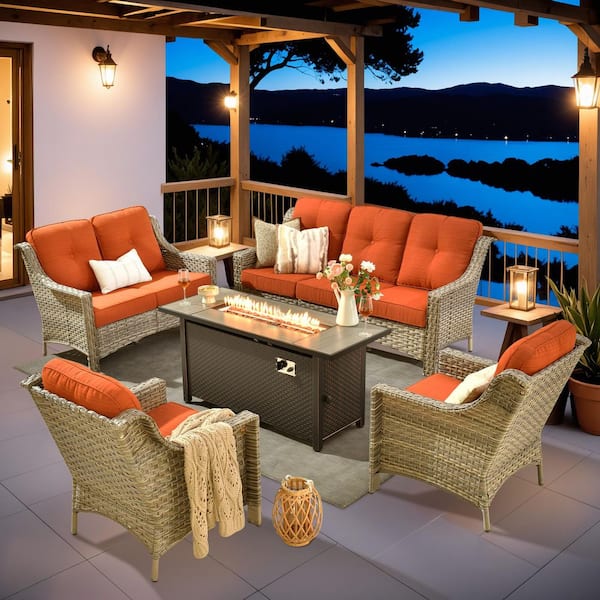 Caodoc Harpera 5-Piece Wicker Outdoor Patio Conversation Sofa Seating Set with Orange Red Cushions and Metal Fire Pit