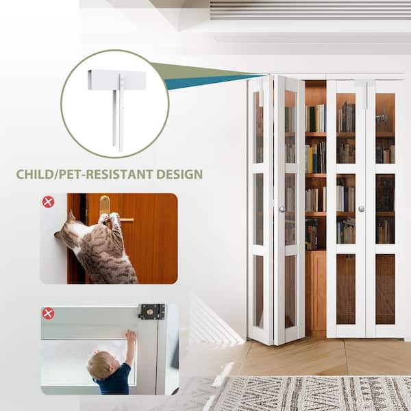 60 in. x 80 in. 3-Lite Clear Glass Solid Core White PVC Covering MDF Bi-fold Door with Door Lock and Handle
