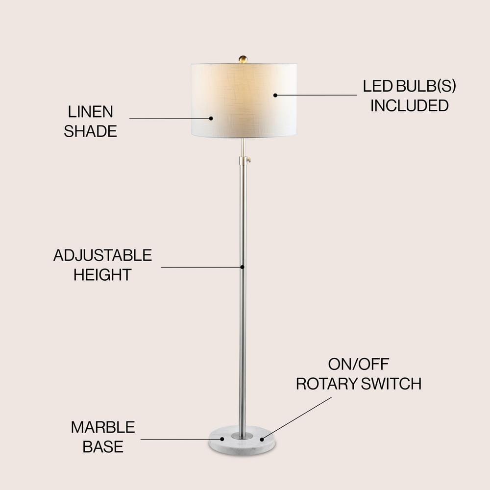 June 66" Chrome Arc Adjustable LED Floor Lamp with White Linen Shade