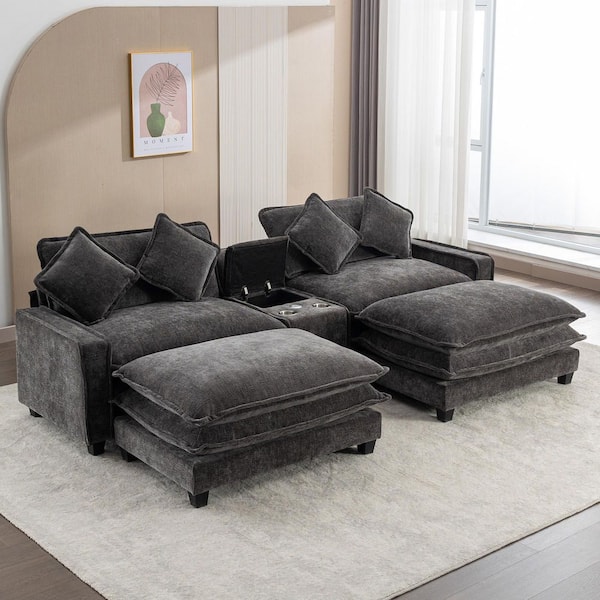 111 in. Square Arm Rectangle Chenille Sectional Sofa with 2 Removable Ottoman, USB Ports and Cup Holders in Gray
