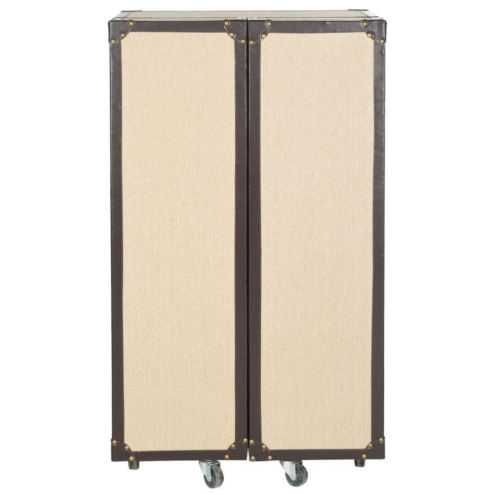 Beige Linen and Vegan Leather Industrial Beverage Cabinet
