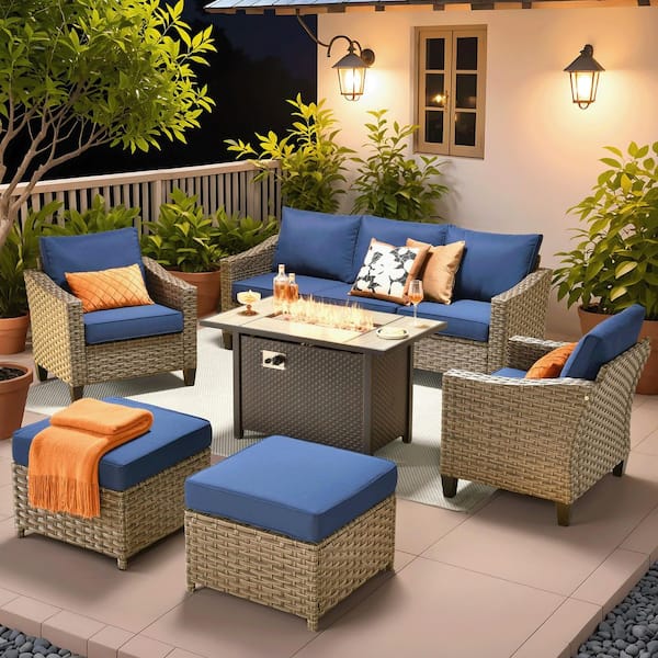 HOOOWOOO Rosy 6-Piece Wicker 5-Seat Outdoor Fire Pit Furniture Patio Conversation Sofa Seating Set with Navy Blue Cushions