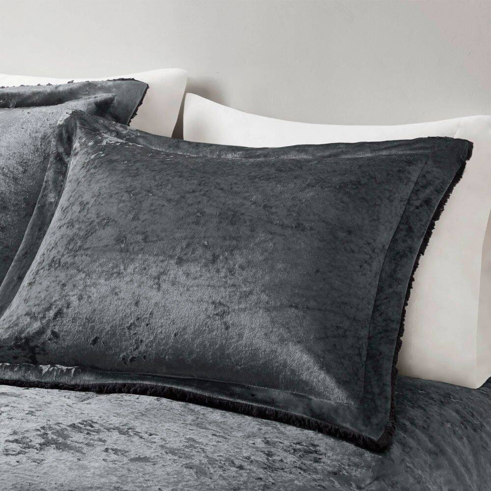 Charcoal King Velvet Reversible Comforter Set with Sherpa