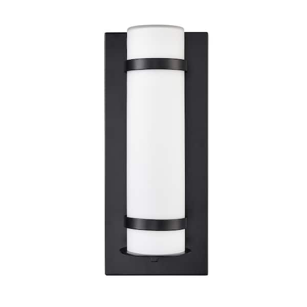 Millennium Lighting 14 in. Wide 1-Light Powder Coated Black Hardwired Integrated LED Outdoor Cylinder Wall Sconce with White Glass