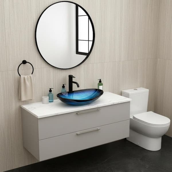21.5 in. x 13.8 in. Vessel Bathroom Sink Boat Shape Tempered Glass in Blue with Pop-up Drain