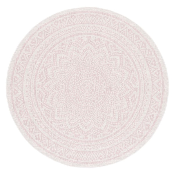 Courtyard Ivory/Soft Pink 7 ft. x 7 ft. Medallion Indoor/Outdoor Round Area Rug