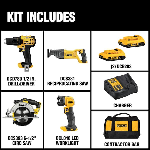 20V Max Lithium-Ion Cordless 4 Tool Combo Kit with 20V Max Compact 3.0Ah Battery, (2) 20V 2.0Ah Batteries and Charger