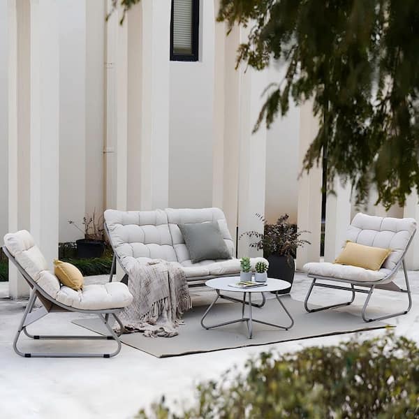 4-Piece Patio Conversation Set with Thick Olefin Cushions, Outdoor Samba Loveseat, Chairs and Coffee Table, Beige