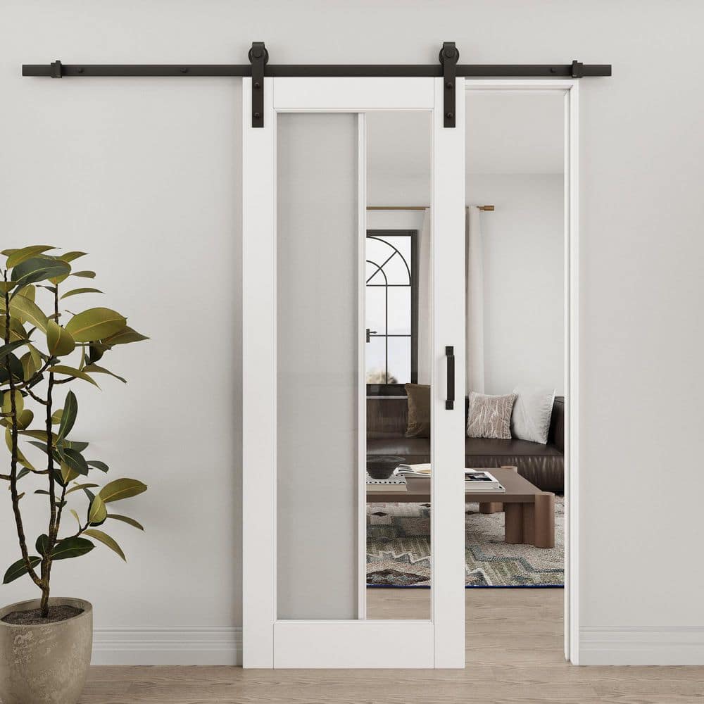 30 in. x 80 in. 1-Lite Tempered Clear Glass White Primed Solid Core MDF Sliding Barn Door with Hardware Kit price history on PriceWatchPro