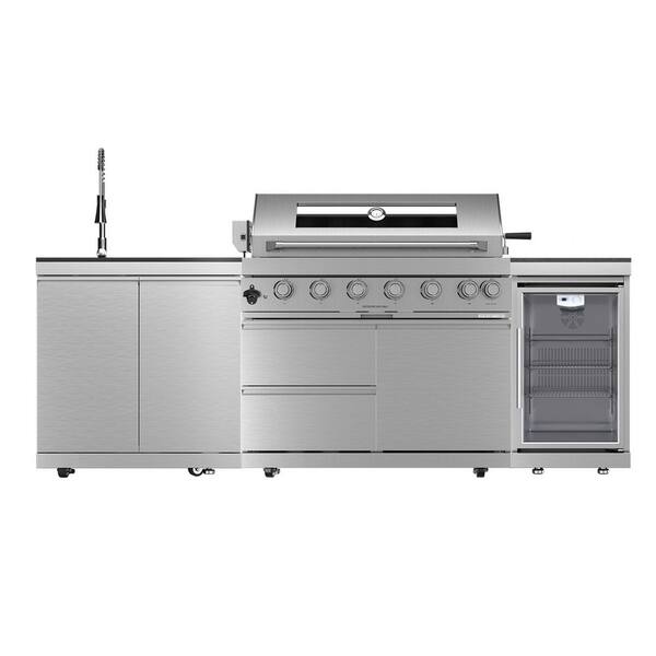 43 in. 6-Burner 85,000 BTU Stainless Steel Outdoor Kitchen BBQ Grill Island, Wine Refrigerator, Rotisserie, in Sliver
