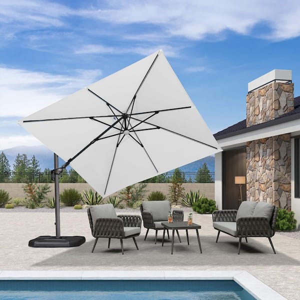 PURPLE LEAF 10 ft. Square Cantilever Umbrella Solar Powered LED Swivel Aluminum Offset 360° Rotation Patio Umbrella in White