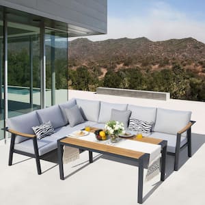 Nova 4-Piece Aluminum and Teak Outdoor Sectional Sofa Set with Grey Cushions