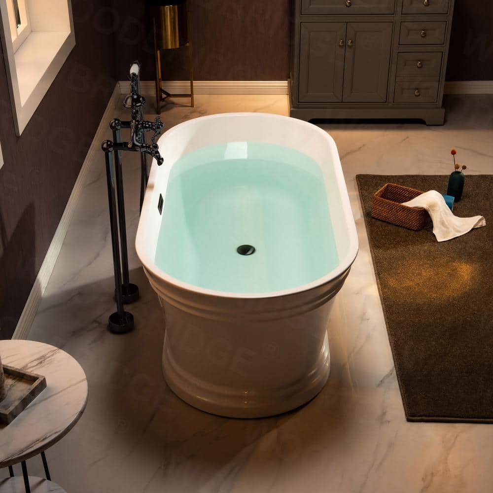 67" White Acrylic Freestanding Soaking Bathtub with Matte Black Trim