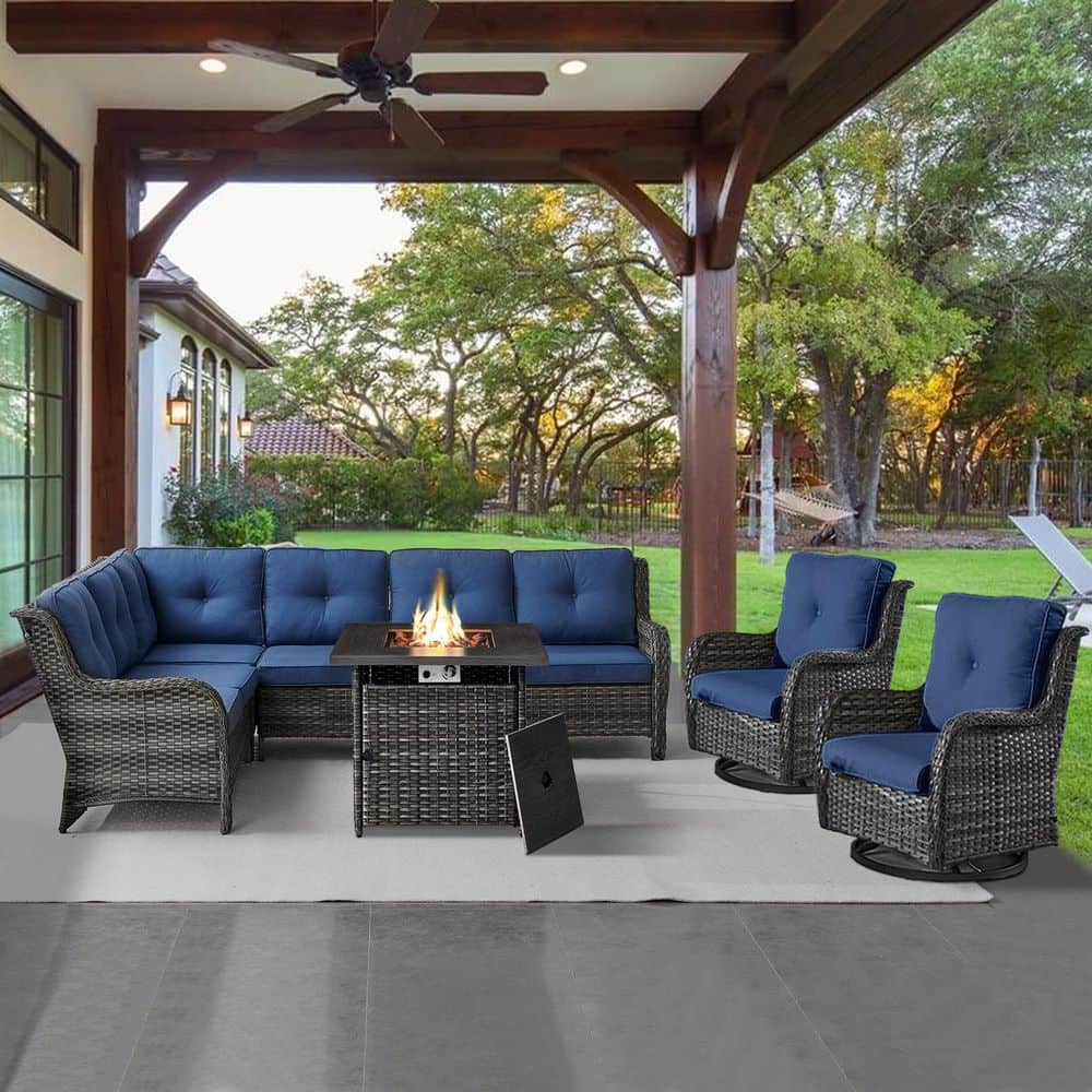 Gray 4-Piece Wicker Patio Fire Pit Set, Outdoor Sectional Seating Set with Olefin Navy Blue Cushions and Swivel Rockers price history on PriceWatchPro