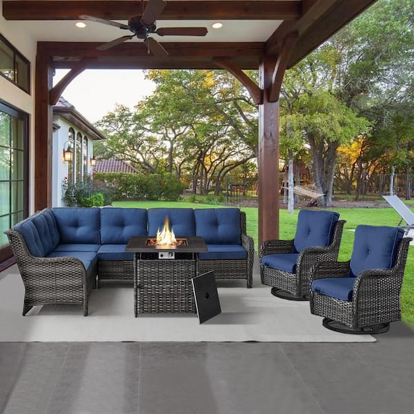 Gray 4-Piece Wicker Patio Fire Pit Set, Outdoor Sectional Seating Set with Olefin Navy Blue Cushions and Swivel Rockers