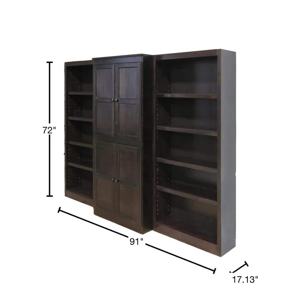 Espresso Finish Adjustable Wood Bookcase Wall with Doors, 72" Tall