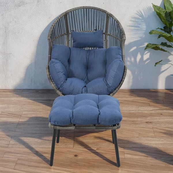 Patio Gray Wicker Large Glider Egg Chair Outdoor Lounge Chair with Blue Cushion and Ottoman