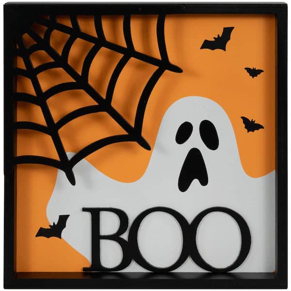 Framed 3D Ghost and Spider Web "Boo" Halloween Wall Sign-9.75 in.