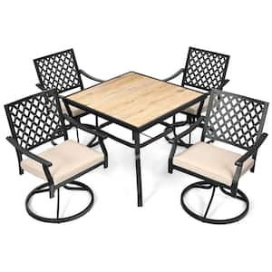 5-Piece Metal Square Patio Outdoor Dining Set for 4 with Beige Cushions and Swivel and Rocking Dining Chairs