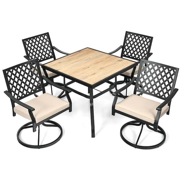 ANGELES HOME 5-Piece Metal Square Patio Outdoor Dining Set for 4 with Beige Cushions and Swivel and Rocking Dining Chairs