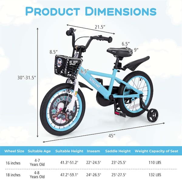 Costway 16 in. Kid's Bike for 4-Years to 7-Years Old with