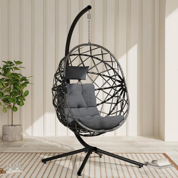 YIYEKE 1-Person Wicker Patio Swing Egg Chair with Stand and Gray Cushion