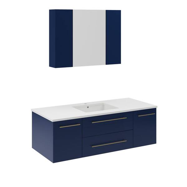 Fresca Lucera 48 in. Single Sink Wall Mount Royal Blue Bath Vanity with White Quartz Top, Undermount Sink and Medicine Cabinet