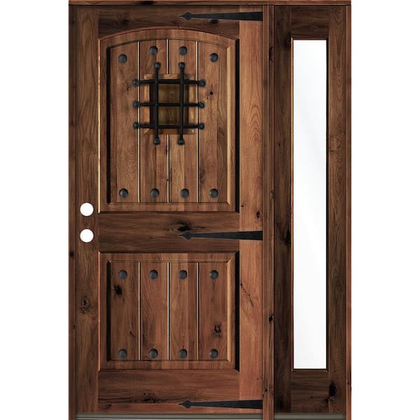 Krosswood Doors 46 in. x 80 in. Medit. Knotty Alder Right-Hand/Inswing Clear Glass Red Mahogany Stain Wood Prehung Front Door w/RFSL