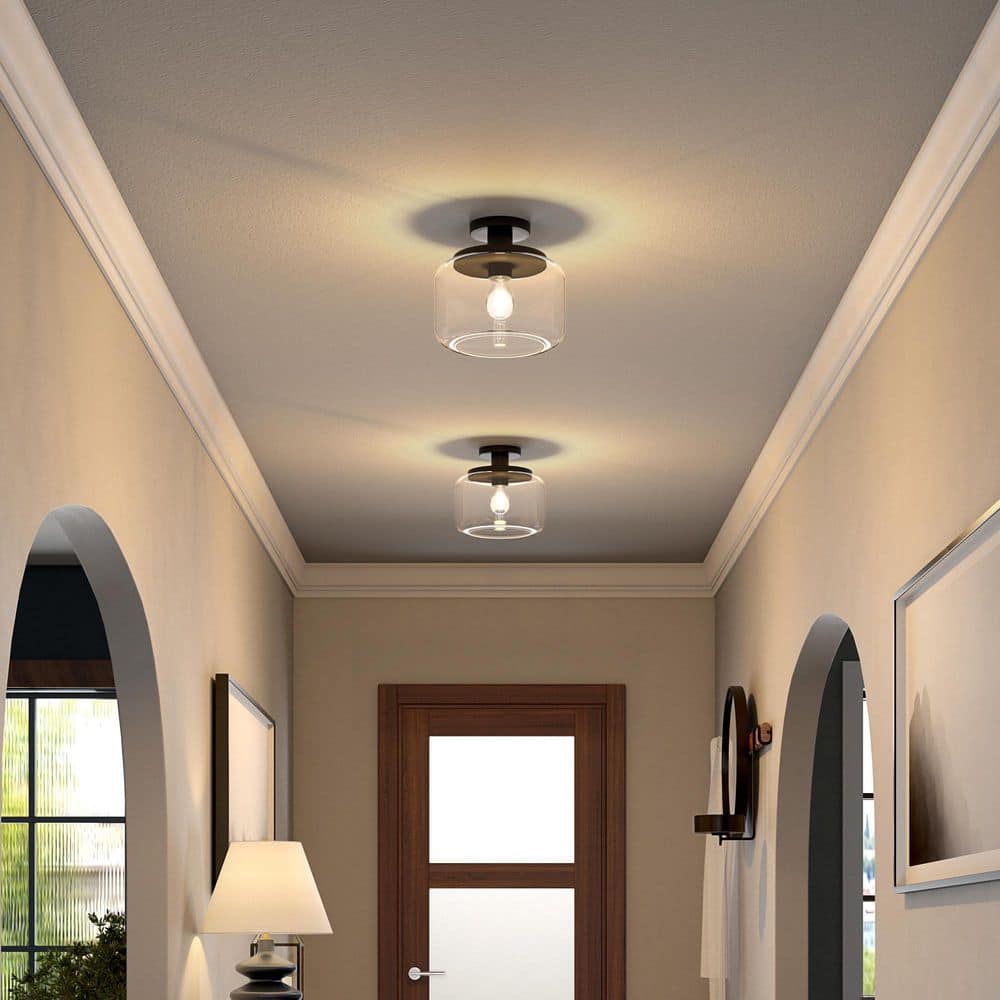 Blackened Bronze and Clear Glass Semi Flush Mount Light