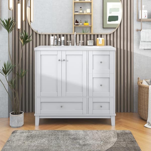 Polibi 36.00 in. W x 18.00 in. D x 34.30 in. H 1-Sink Bath Vanity in White with White Cultured Marble Top and USB Charging