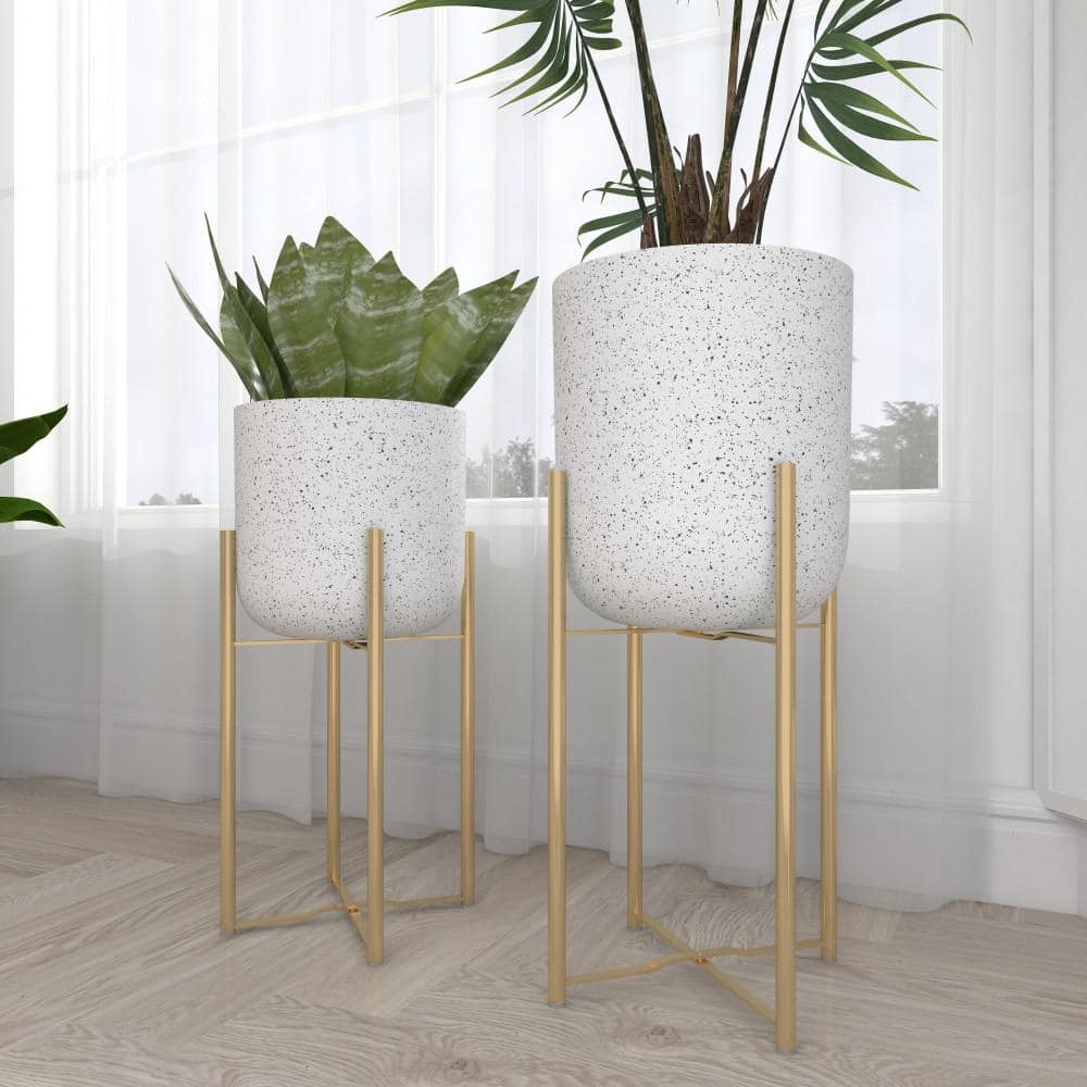 White Speckled Metal Planters with Gold Stands, Set of 2