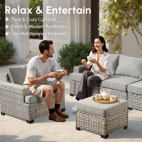 Merritt 8-Piece Wicker Outdoor Furniture Patio Conversation Sofa Seating Set with a LED Table and Dark Grey Cushions