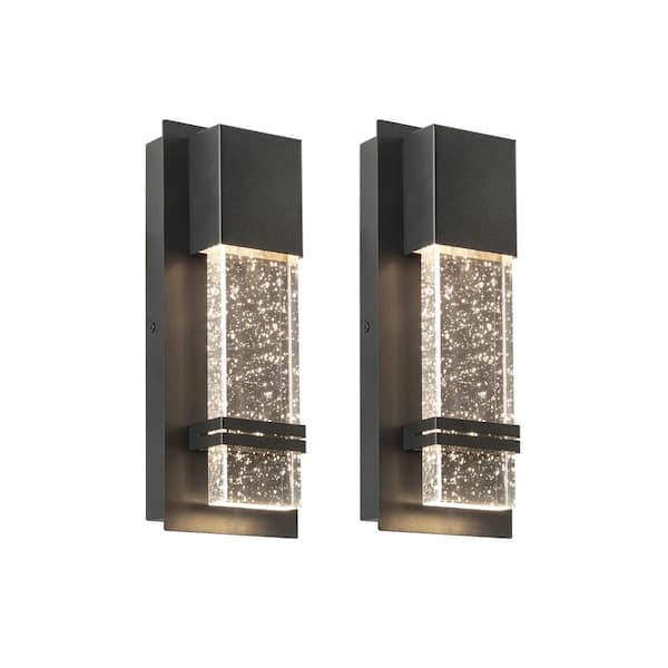 Jushua 2-Pack Textured Black Clear Seedy Crystal not Motion Sensing Outdoor Hardwired Wall Lantern Sconce with LED
