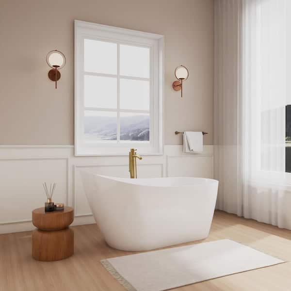 Davia 59 in. x 32 in. Soaking Bathtub with Center Drain in White with Shiny White Trim and Brushed Gold Faucet