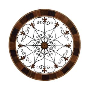 35 in. x  35 in. Wood Brown Arabesque Scroll Wall Decor with Metal Fleur De Lis Relief