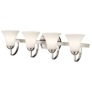 Keiran 30 in. 4-Light Brushed Nickel Transitional Bathroom Vanity Light with Etched Glass Shade