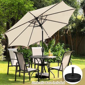 9 ft. Aluminum Market Crank and Tilt Patio Umbrella in Beige with Base